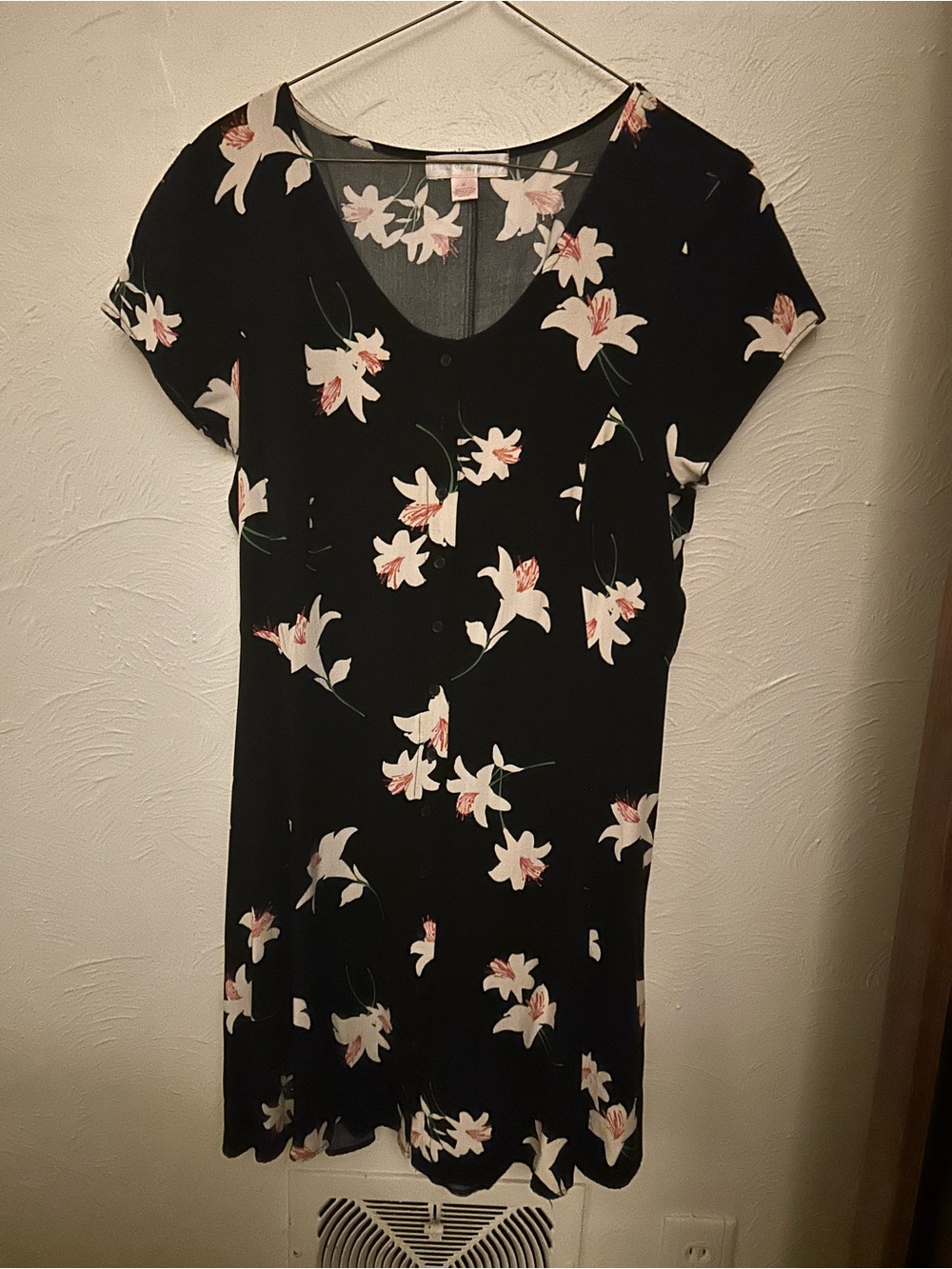 Black Floral V-Neck Button Front Dress